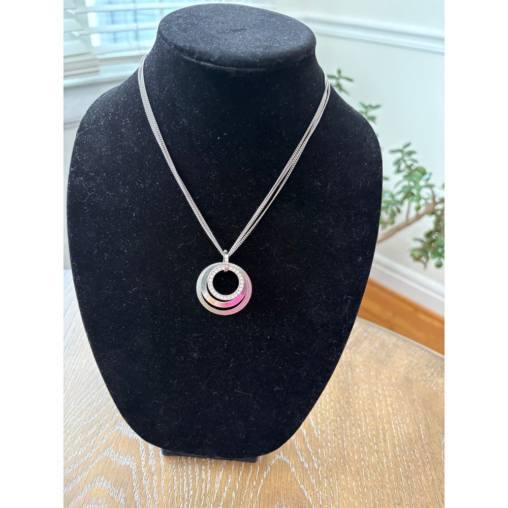 Premier Designs Silver Tone Triple Circle Crystal Pendant Multi Strand Necklace‎